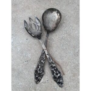 Eales 1779 Silverplate Salad Serving Set Floral Repousse Italy Vintage SpoonFork